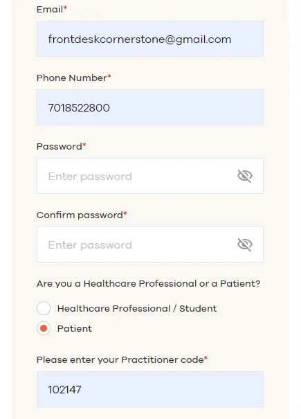 NutriDyn account creation screenshot showing practitioner code 102147
