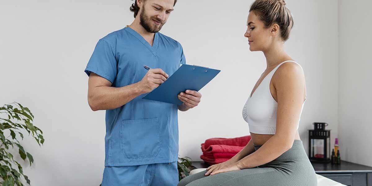 A male chiropractor in blue scrubs taking notes beside a female patient wearing a comfortable sports bra and athletic leggings.